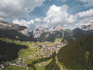 Aerial view of the landscapes of the village in Dolomites mountain range, South Tyrol, Italy