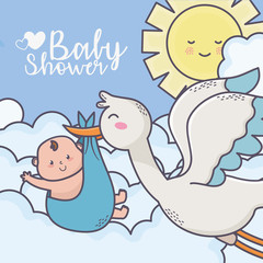 baby shower flying stork with little boy sun clouds