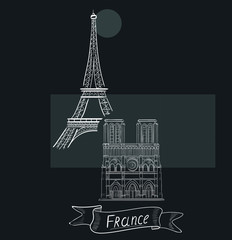 eiffel tower and noter dame de paris in paris vector isolated illustration, banner 