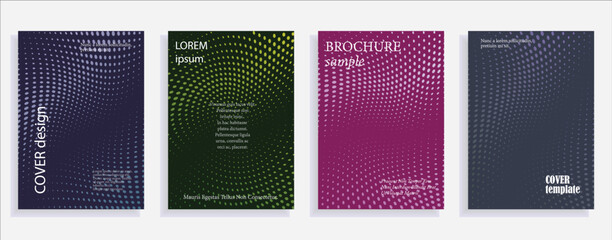 Minimalistic cover design templates. Set of layouts for covers of books, albums, notebooks, reports, magazines. Line halftone gradient effect, flat modern abstract design. Geometric mock-up texture.