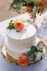 Wedding decoration table in the garden, floral arrangement, In the style vintage on outdoor.  Wedding cake with flowers. Decorated table with flowers, served for two people. Fine art background.