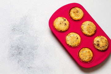 Vanilla muffins with chocolate chips in a silicon mold. Sugar free. Top View. 