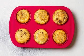 Vanilla muffins with chocolate chips in a silicon mold. Sugar free. Top View. 