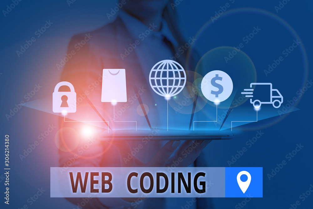 Poster conceptual hand writing showing web coding. concept meaning work involved in developing a web site f