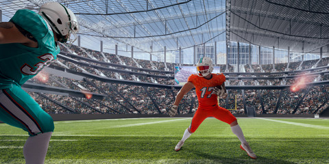 American football players in professional stadium.