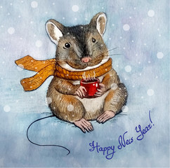 New Year greeting card with a mouse character