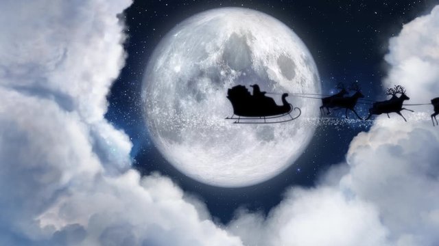 Blue xmas night with moon and clouds with Santa Claus sleight and reindeer silhouette enter and exit flying with text space to place logo or copy.Animated Christmas present greeting post card 4k video