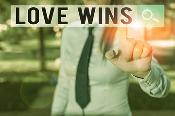 Writing note showing Love Wins. Business concept for used to celebrate or commemorate the victory of marriage equality Handsome business girl pointing with finger into empty space