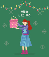 merry christmas woman with ugly sweater holding gift lights decoration