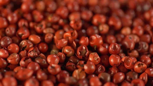 Food spices pink peppercorns red pepper Himalayan pepper berries. concept of fresh and dietary spices for cooking schools vegans and dietary products.