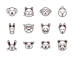 cute face animals cartoon icons set thick line