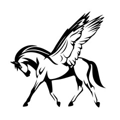 winged pegasus horse side view outline - greek mythology inspiration symbol black and white vector design