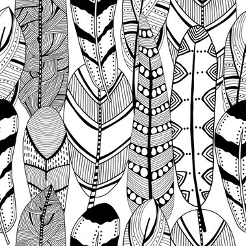 Decorative, ornate bird feathers. Black and white outline illustration for coloring book and page. Seamless pattern.