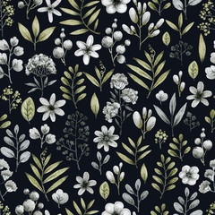 green and gray leaves branches and flowers, freehand drawing in pencil illustration, seamless pattern