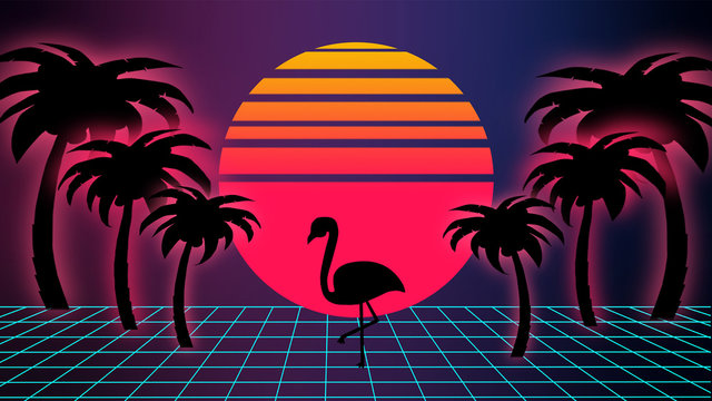 Retro background in the style of the 1980s. Digital retro landscape cyber surface. Fashion of the 80s.