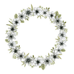 green and gray leaves branches and flowers, freehand drawing in pencil illustration, round frame template for design and logo of the invitation wedding, background