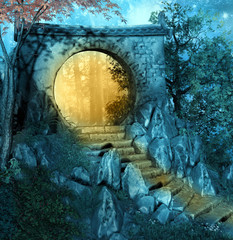 Travel with your fantasy concept portrayed by a secret gate in the woods