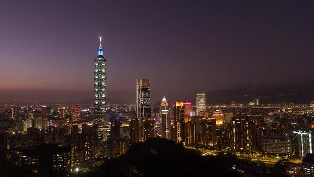 Taipei, Taiwan city skyline at dusk, iconic view. 4K time lapse 