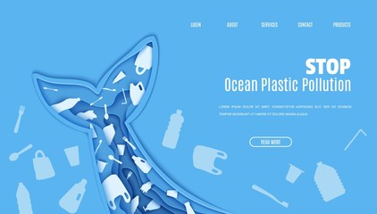 Web page design template stop ocean plastic pollution in paper cut style. Tail fin in the form papercut layer cave with plastic bag for rubbish, bottle, disposable tableware. Vector ecological concept