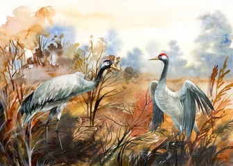 herbstlandschaft mit vogelkran, aquarellillustration © Hanna