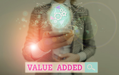 Text sign showing Value Added. Business photo text the extra value created over and above the...