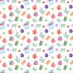 Watercolor Christmas seamless pattern. Isolated on white background.  Seamless Pattern with Christmas Symbol. Merry Christmas and Happy New Year.