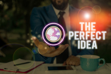 Conceptual hand writing showing The Perfect Idea. Concept meaning Exceptional thought or suggestion Without comparison