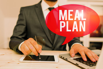 Word writing text Meal Plan. Business photo showcasing arrangement scheme of what are going to eat next week month Male human wear formal clothes present presentation use hi tech smartphone