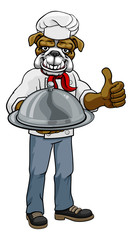 A bulldog chef mascot cartoon character holding a silver platter cloche dome of food and giving a thumbs up
