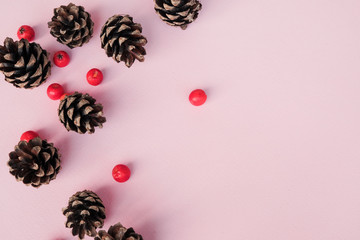 Christmas winter composition. Cones and rowan berry on pink background. Top view, flat lay 