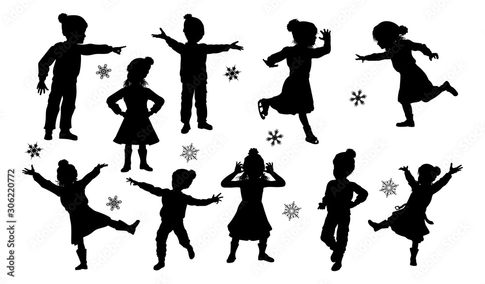 Wall mural A set of children in silhouette playing having fun in Christmas or winter cold weather clothing