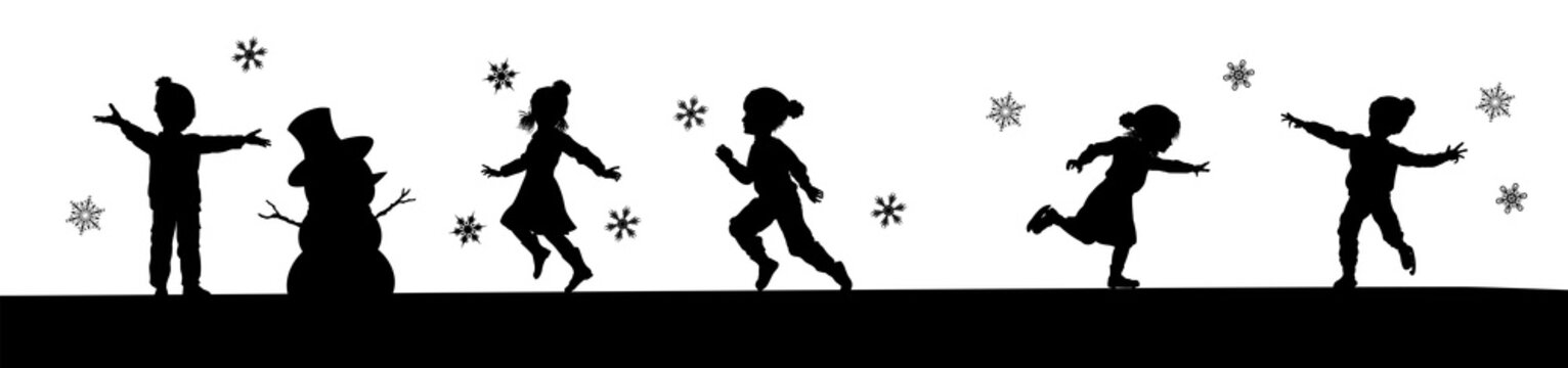 A scene of children in silhouette playing in Christmas or winter cold weather clothing making snowman, ice skating and running in the snow