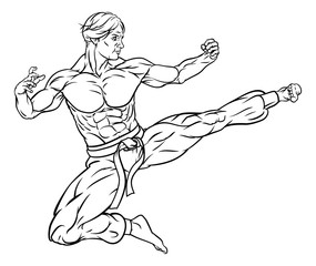 Fototapeta na wymiar An illustration of a kung fu or karate martial artist delivering a flying kick
