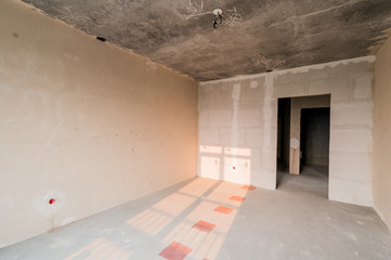 Russia, Moscow- July 21, 2019: interior room apartment. rough repair for self-finishing. interior decoration, bare walls of the room, stage of construction