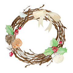 Hand-drawn Christmas wreath with various holiday symbols