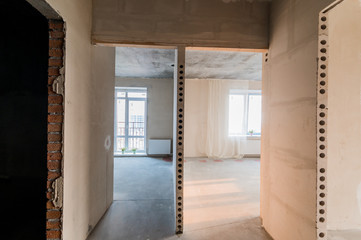 Russia, Moscow- July 21, 2019: interior room apartment. rough repair for self-finishing. interior decoration, bare walls of the room, stage of construction