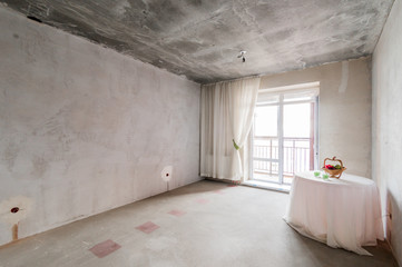 Russia, Moscow- July 21, 2019: interior room apartment. rough repair for self-finishing. interior decoration, bare walls of the room, stage of construction
