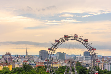 Beautiful view of  evening Vienna with big ferris wheel