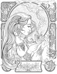 Fototapeta na wymiar Coloring page with portrait a girl with cup of tea