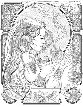 Coloring page with portrait a girl with cup of tea