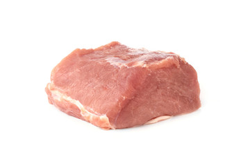 A piece of meat on a white background. Raw piece of pork close-up.