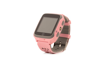 Children's smart watch on a white background. Smart watch of pink color on a white background.