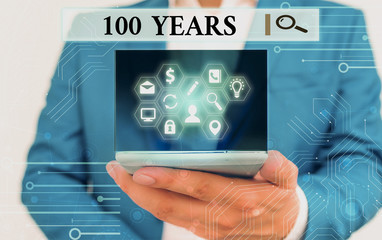 Text sign showing 100 Years. Business photo text Remembering special day for being 100 years in...