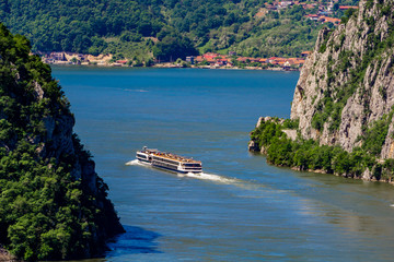 Cruise ship on Danube river in the Iron Gates also known as Djerdap gorges in Serbia