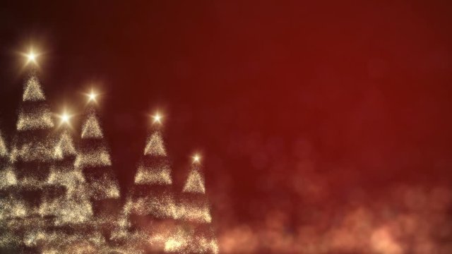 sparkling lights golden Christmas tree forest card.Merry Christmas and Happy New Year greeting message on red background,snow flakes.Elegant animated holiday season social post digital xmas card