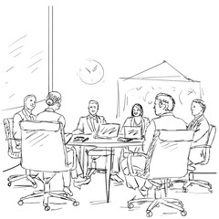Drawing of office workers at business meeting. Hand drawn sketch of team, sitting and talking together around the table.