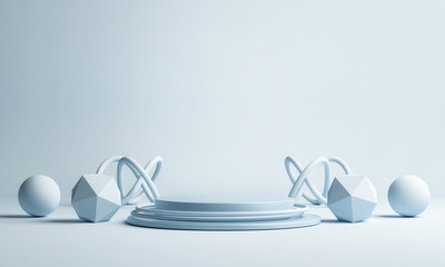 Mock up podium for product, geometric elements, blue background,3d render, 3d illustration