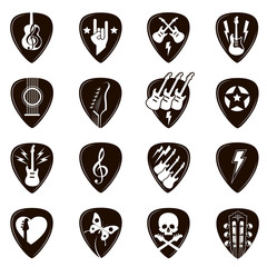 collection of different black guitar picks isolated on white background