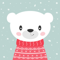 Cute cartoon little teddy bear on winter background.