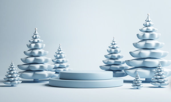 Mock up podium with blue pine tree for product presentation, 3d render, 3d illustration